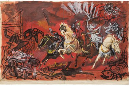 Antonio Berni, Sin título. De la serie Apocalipsis y Crucifixiones, 1980.(30.5 cm x 46 cm). La apocalíptica es un género literario que surge en la cultura hebrea y la iglesia primitiva