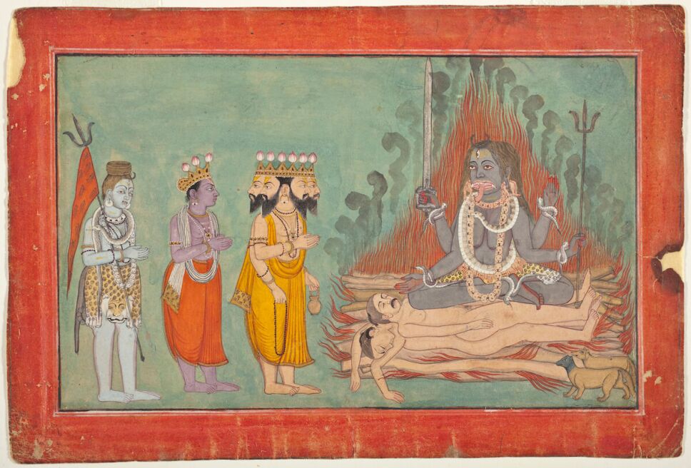 Shiva, Vishny y Brahma adorando a Kali